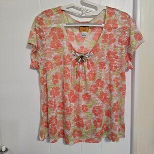 PL Ruby Rd Top with Bead Detail in orange and green flowers on white 60% Cotton